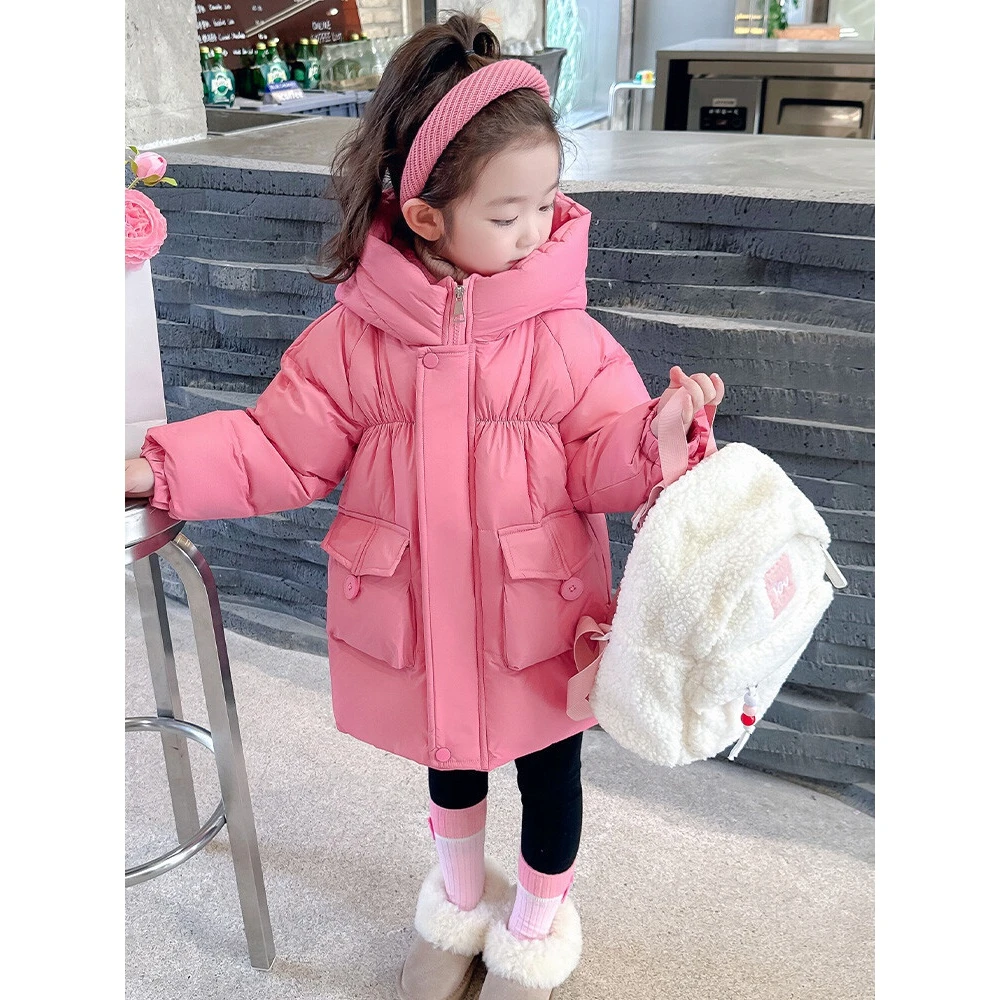 现货女童冬季羽绒服2023新款儿童中长款白鸭绒加厚保暖冬装连帽外
