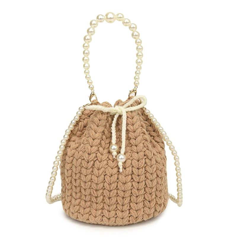 奶茶色麦穗钩织包包韩系可爱手工珍珠链条水桶包