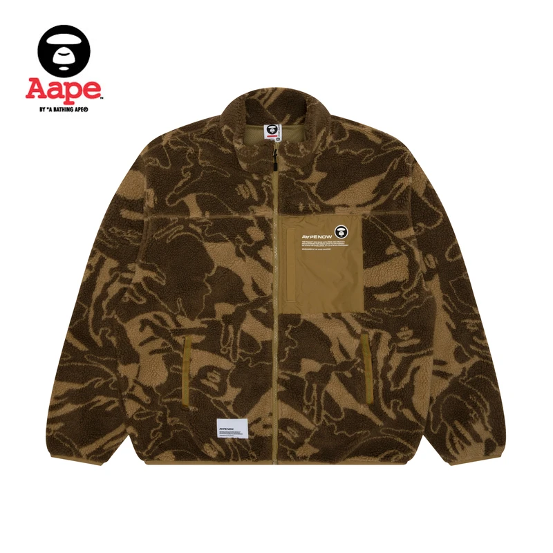 Aape旗舰店男装新迷彩绒面猿人徽章字母厚摇粒绒卫衣外套A316XXL