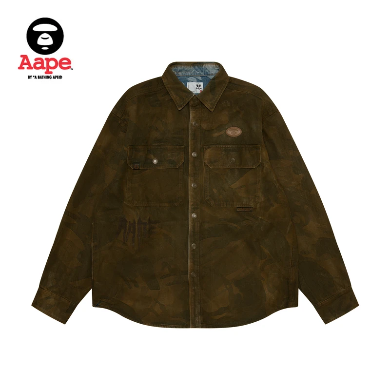 Aape旗舰店男装24秋冬猿人徽章迷彩水洗做旧复古长袖衬衫8500XAN