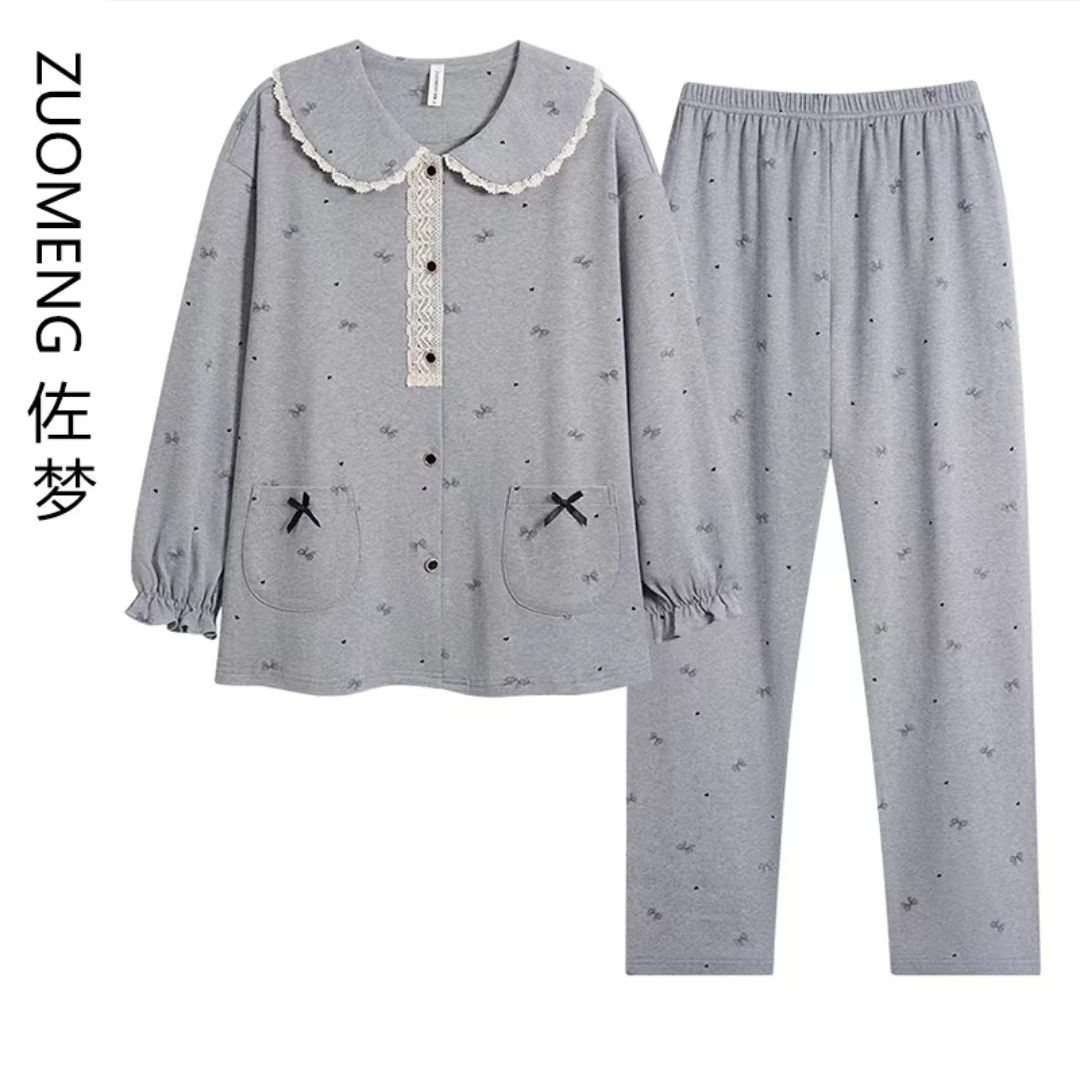 zuomeng/佐梦新品·秋冬纯棉娃娃领蝴蝶结蕾丝舒适家居服套装睡衣