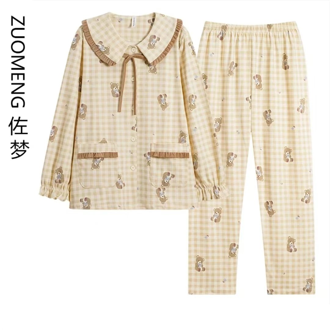 zuomeng/佐梦新品秋冬100纯棉卡色娃娃领格子长袖家居服套装睡衣