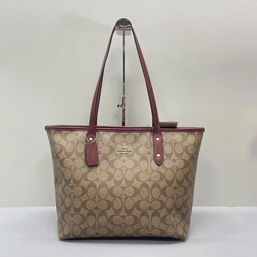 95新 COACH/蔻驰 city30红拼棕老花托特包30X26X14cmL011807
