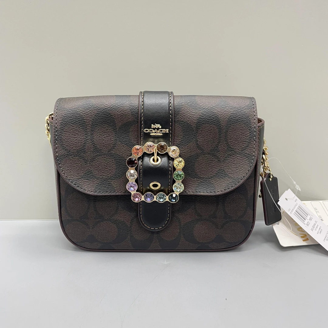 95新 COACH/蔻驰 Cammie黑拼老花五彩钻石链条包17X14X6cmL031219