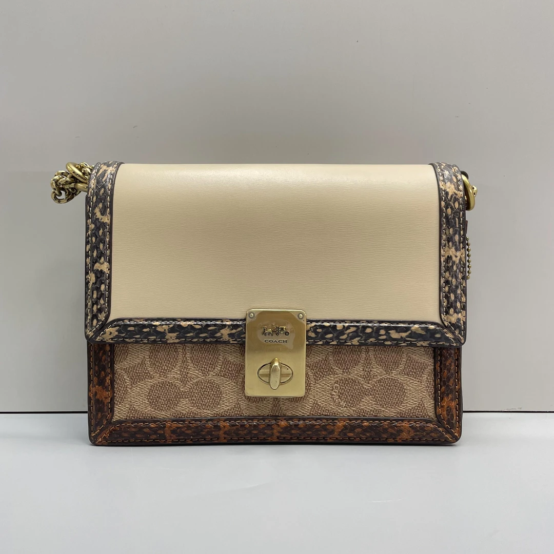 95新 COACH/蔻驰 哈顿奶茶老花蛇纹拼色22x16x6cmL080908
