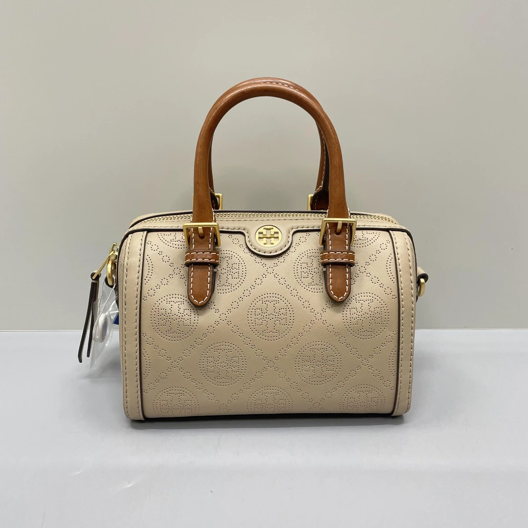 95新 TORY BURCH/汤丽柏琦 浅灰咖色迷你波士顿18X13X11cmS