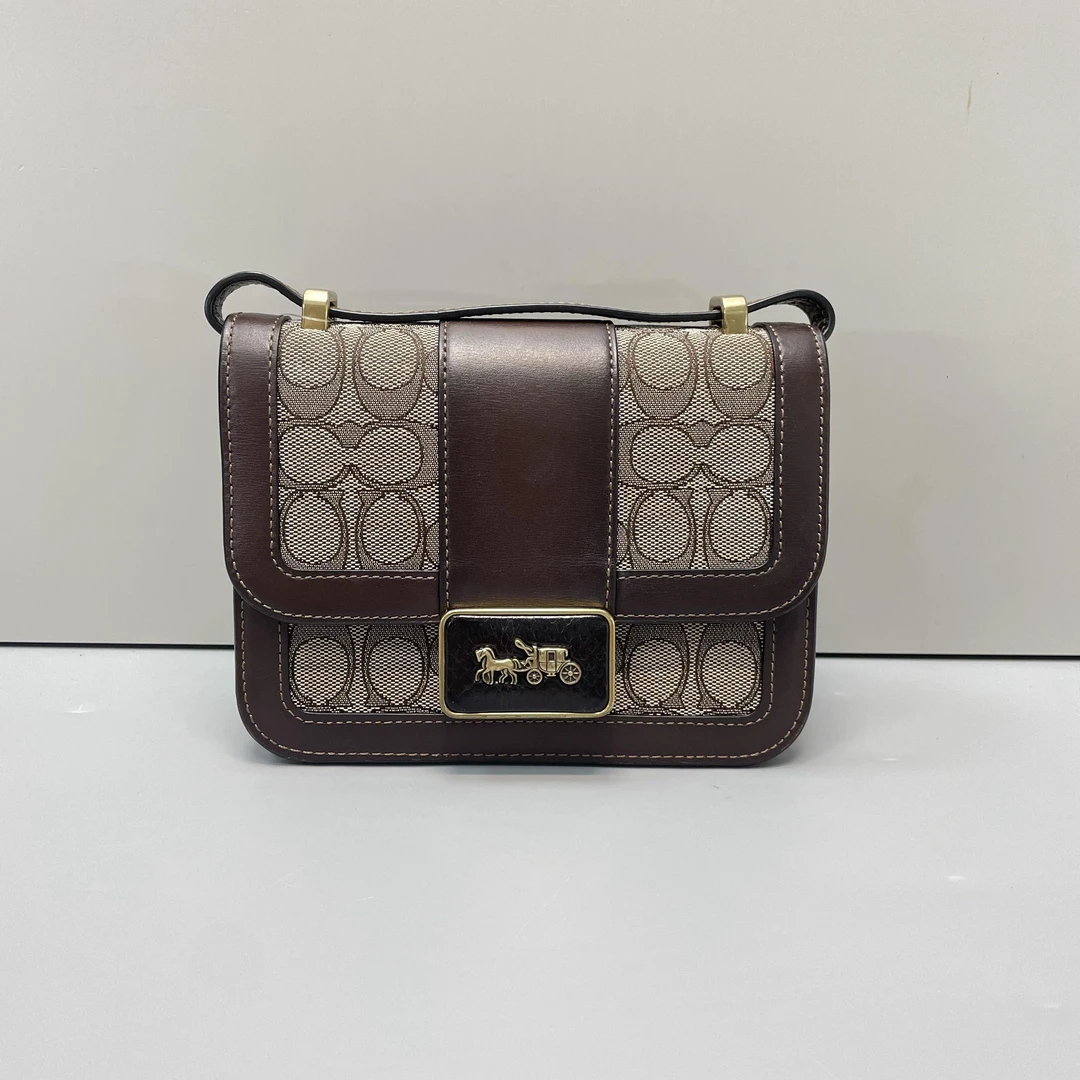 95新 COACH/蔻驰 小林/Alie褐色织物老花马鞍包18X13X8cmB020918