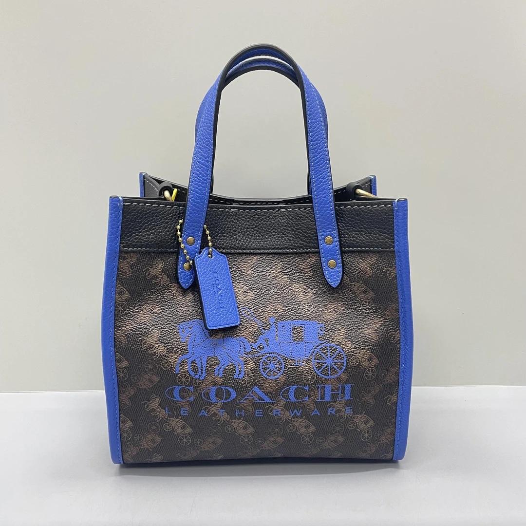 99新 COACH/蔻驰 蓝拼黑色马拉车小方托托特包22X20X10cmL040603