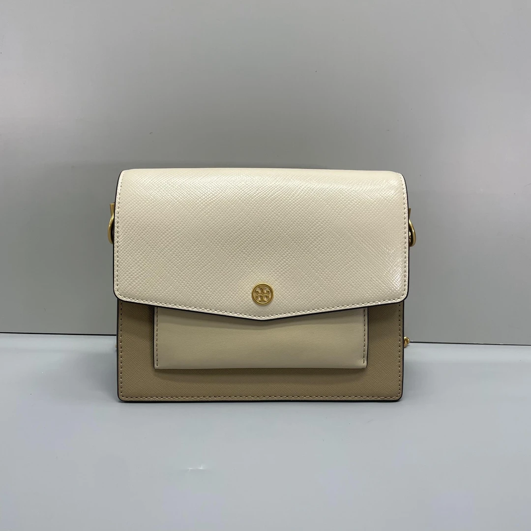 99新 TORY BURCH/汤丽柏琦 小林/米色拼色风琴包21*17*9cmA073012