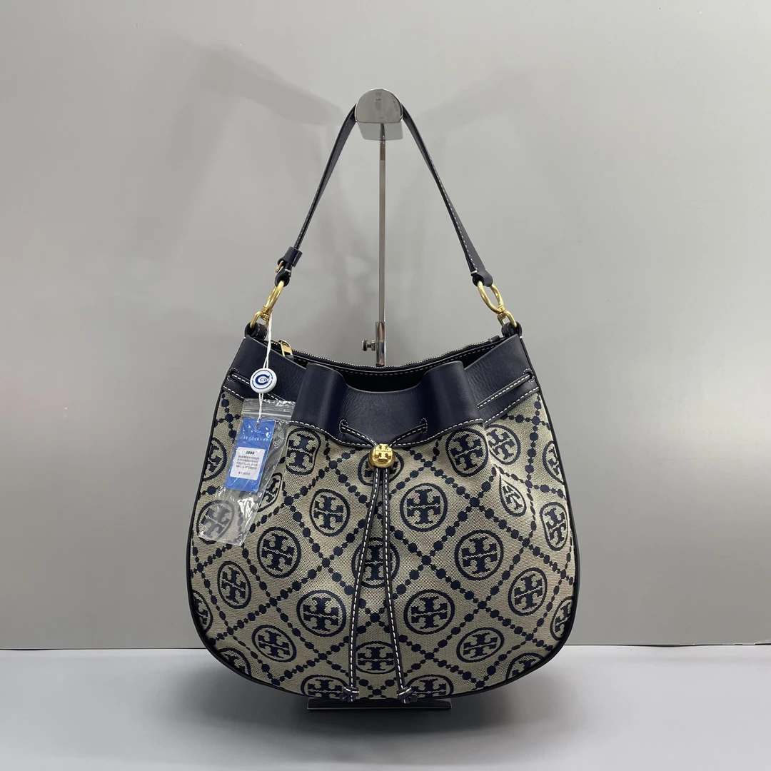 95新 Tory Burch/汤丽柏琦 小林/蓝色抽绳大水桶包33*27*15cmS