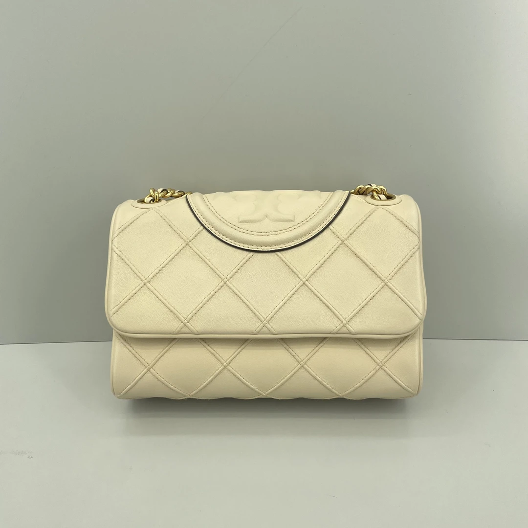 90新 TORY BURCH/汤丽柏琦 fleming白色菱格小号链条包24x14x7cm