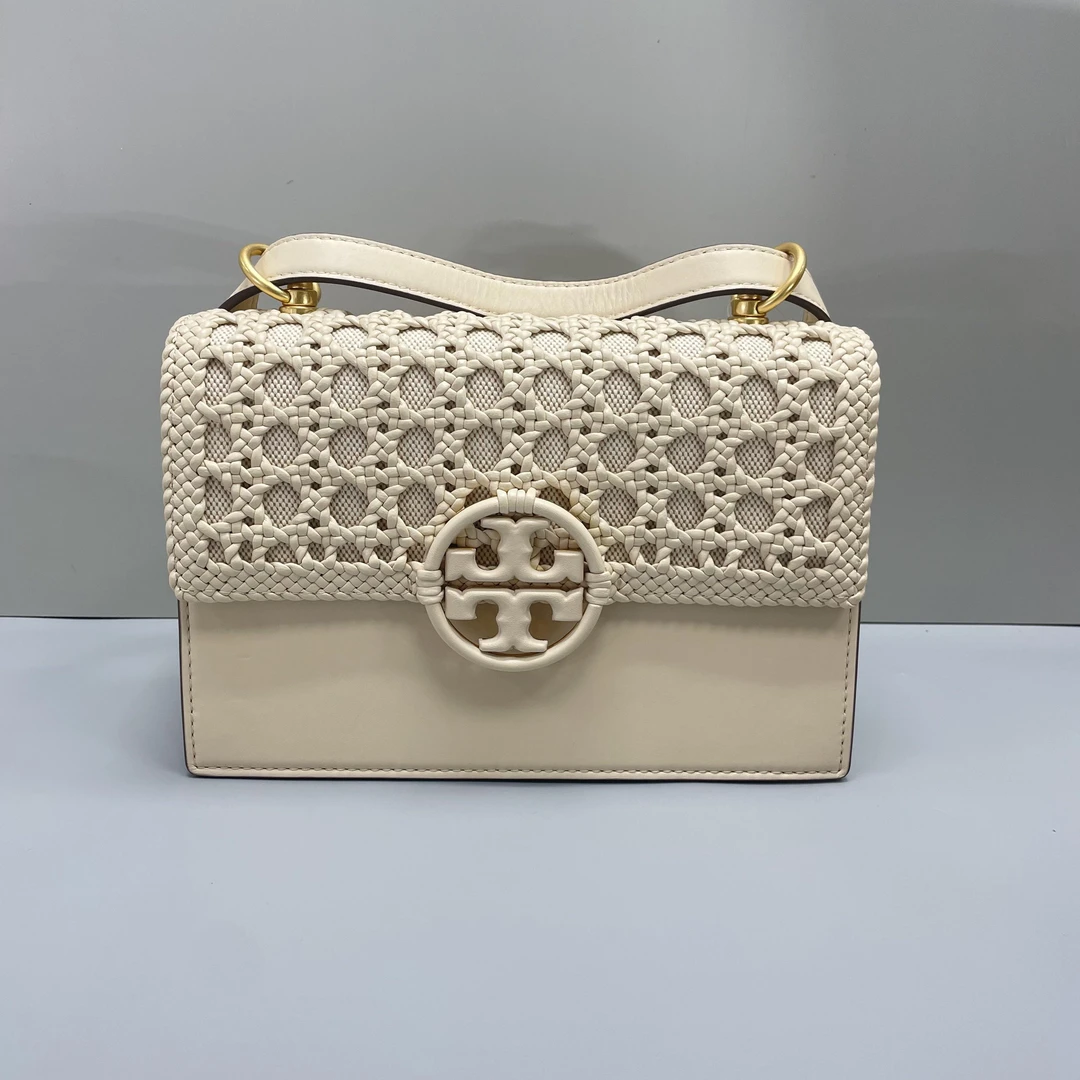 95新 TORY BURCH/汤丽柏琦 微瑕）白色编织风琴包23X15X8cmL053015