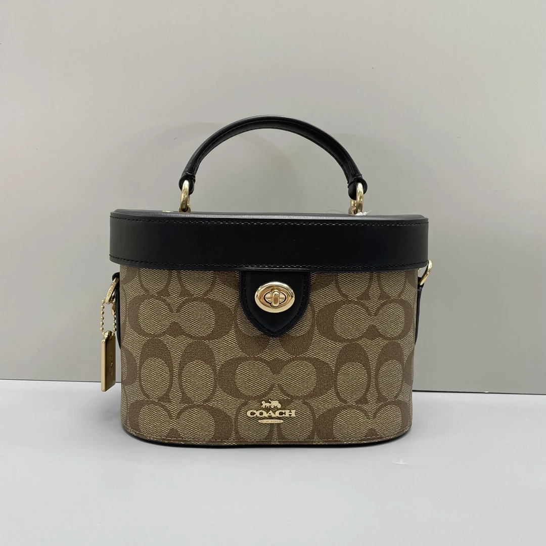 95新 COACH/蔻驰 小林/kay黑拼老花盒子包20*14*9cmA062210