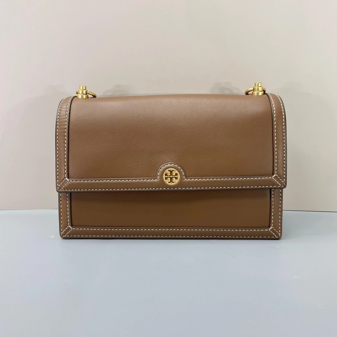 95新 TORY BURCH/汤丽柏琦 miller棕色大风琴包27x18x8cmL080306