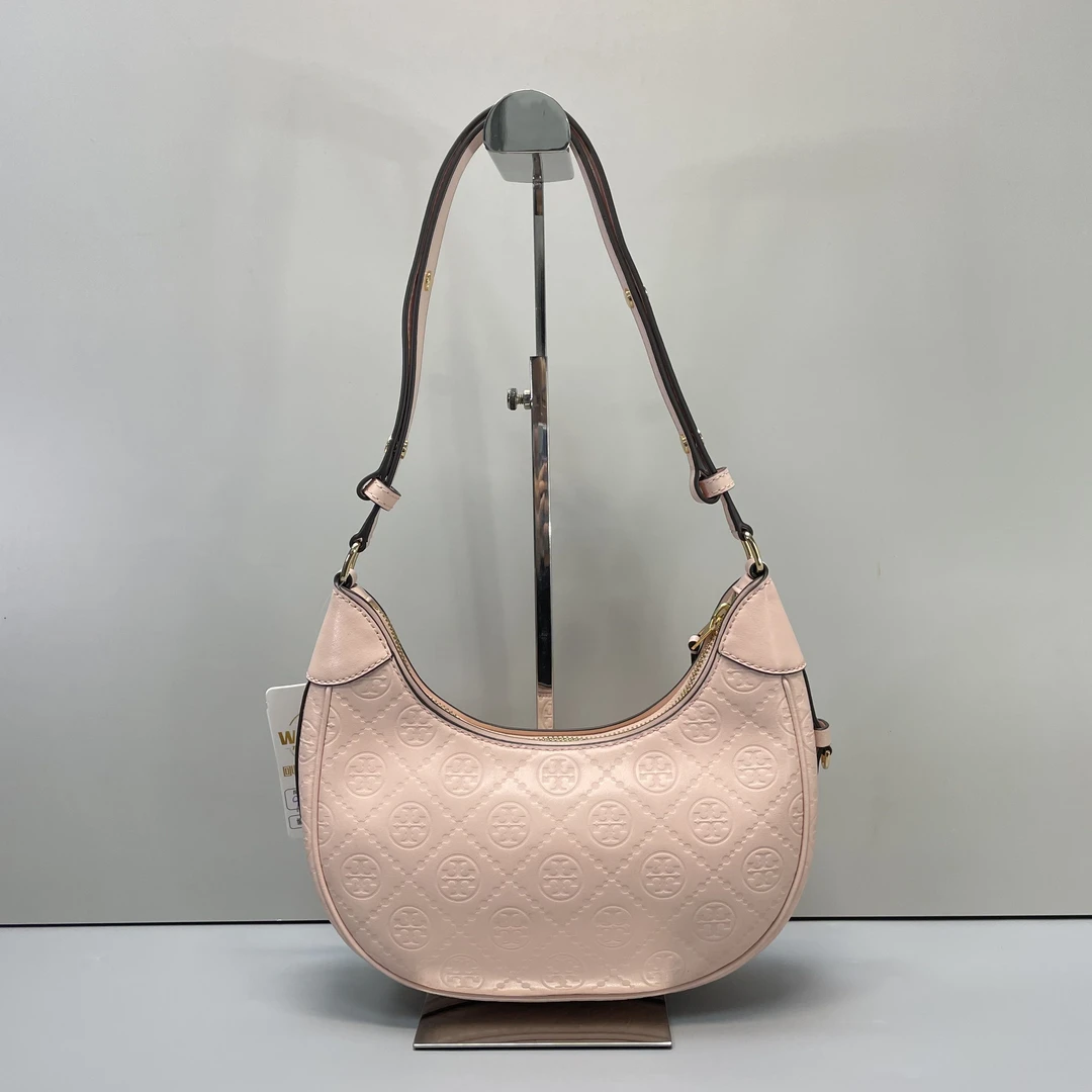 99新 TORY BURCH/汤丽柏琦 T系列粉色压纹腋下包24x13x7cmL101106