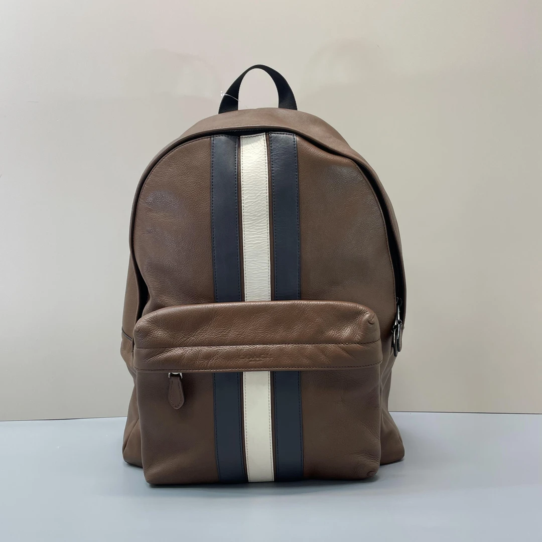 95新 COACH/蔻驰 小林/男士棕色条纹双肩包34*43*14cmA072809