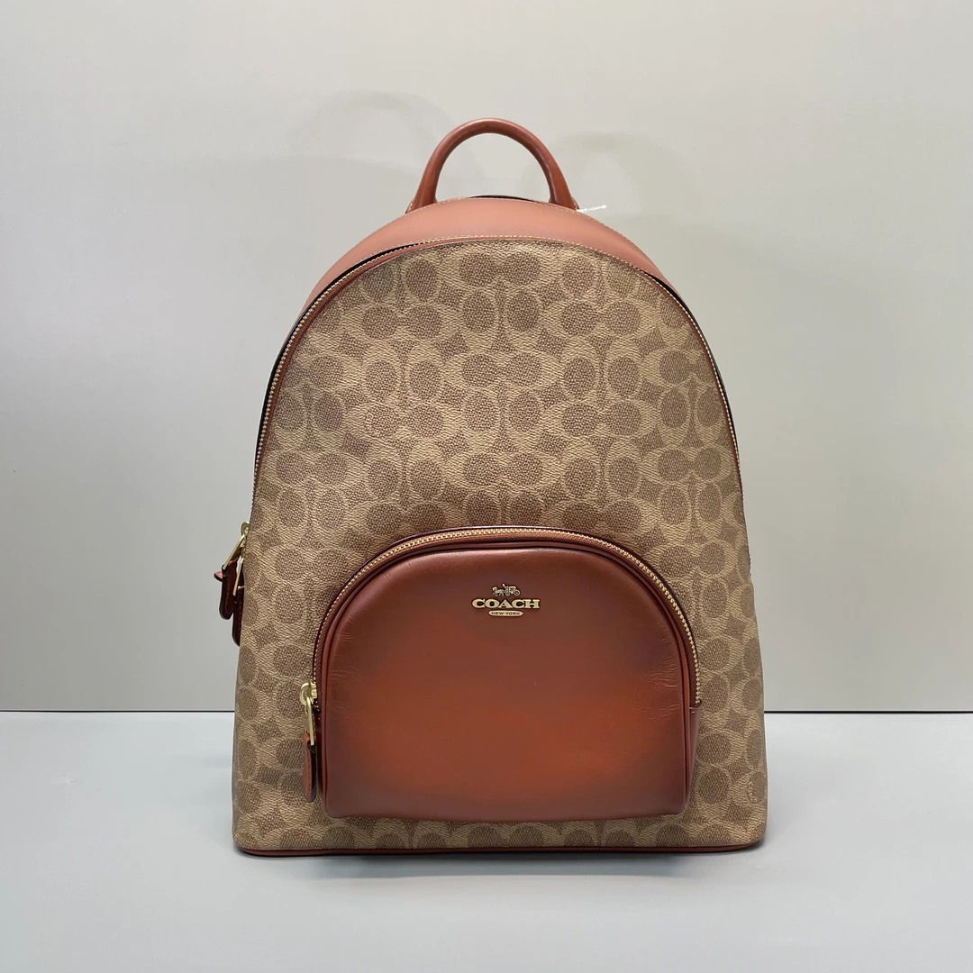 95新 COACH/蔻驰 红棕老花大双肩包30*37*11cmL111307