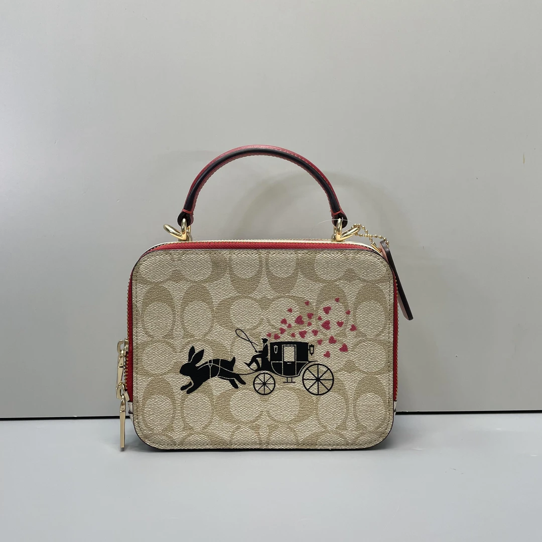 95新 COACH/蔻驰 小林/红拼老花方盒子包18*14*6cmA092706