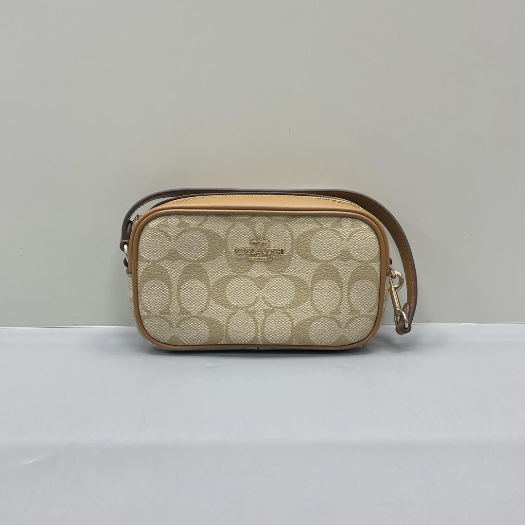 99新 COACH/蔻驰 小丽/棕拼奶茶老花相机腋下包18*11*5cmA011903