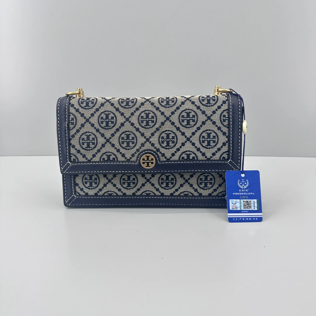 95新 TORY BURCH/汤丽柏琦 蓝色老花小号风琴包22X14X5cmSL120315