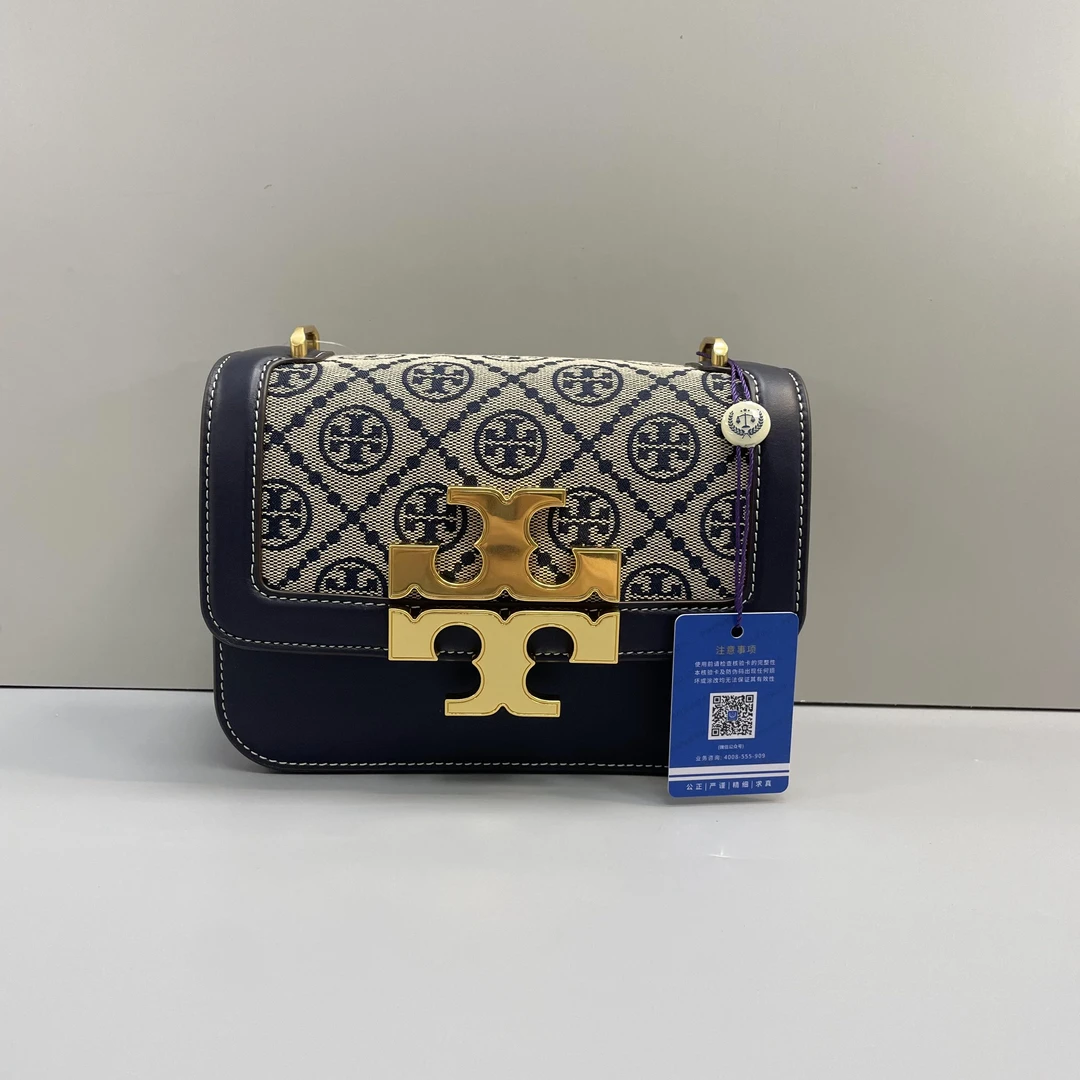 99新 TORY BURCH/汤丽柏琦 蓝色老花小金砖包18X13X6cmSL083150
