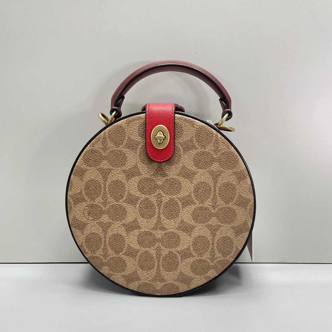 95新 COACH/蔻驰 circle红棕老花圆饼包18x18x7cmL081814