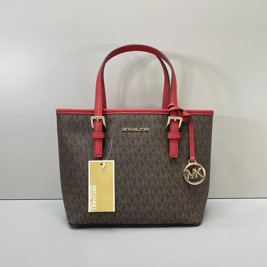 99新 MICHAELKORS/迈克高仕 红拼老花菜篮子22x18x10cmL103007