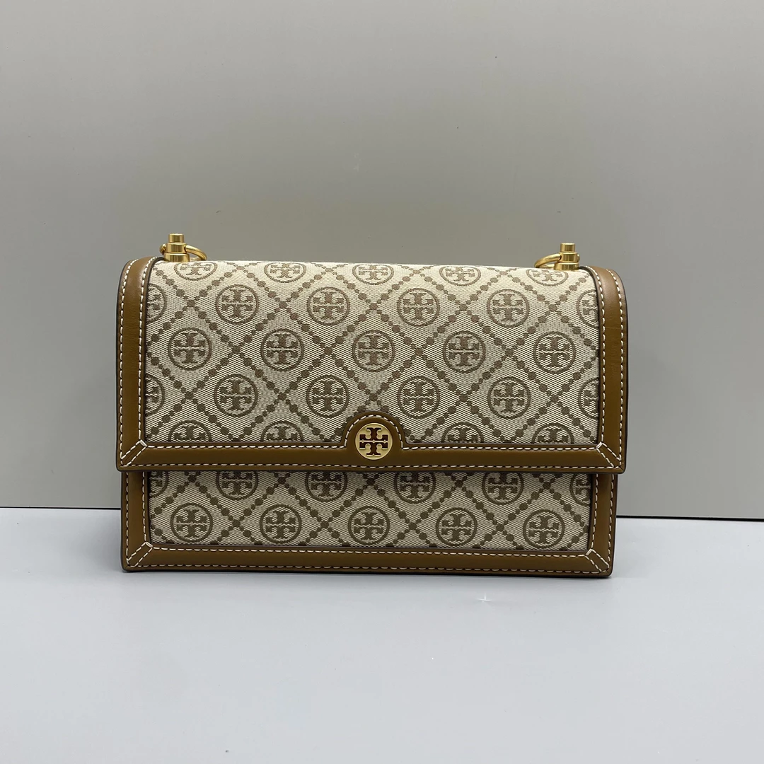99新 TORY BURCH/汤丽柏琦 棕色老花风琴包27*16*9cmSM011809