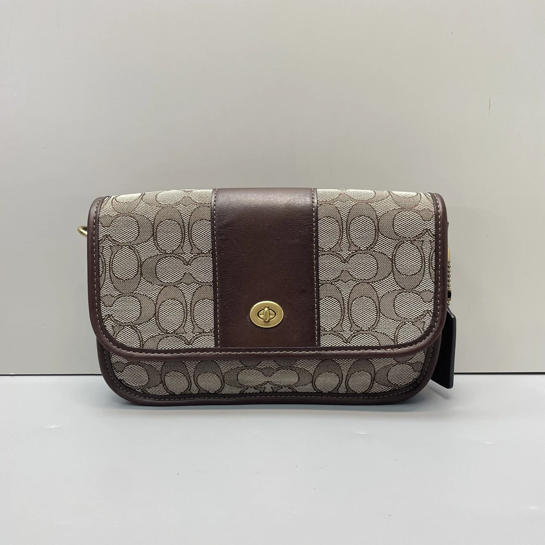 95新 COACH/蔻驰 褐色织物老花斜挎包22x14x4cmL111705