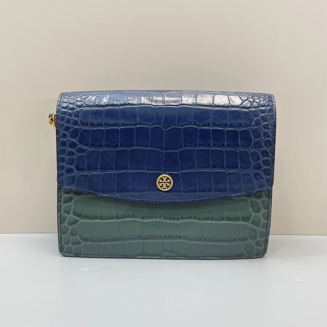 95新 Tory Burch/汤丽柏琦 蓝绿拼色风琴斜挎包21X17X10cmL071803