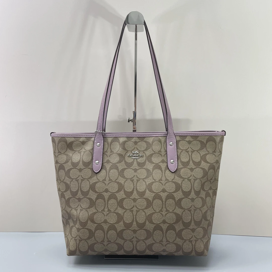 95新 COACH/蔻驰 city30紫色拼老花托特包30X26X14cmL082107