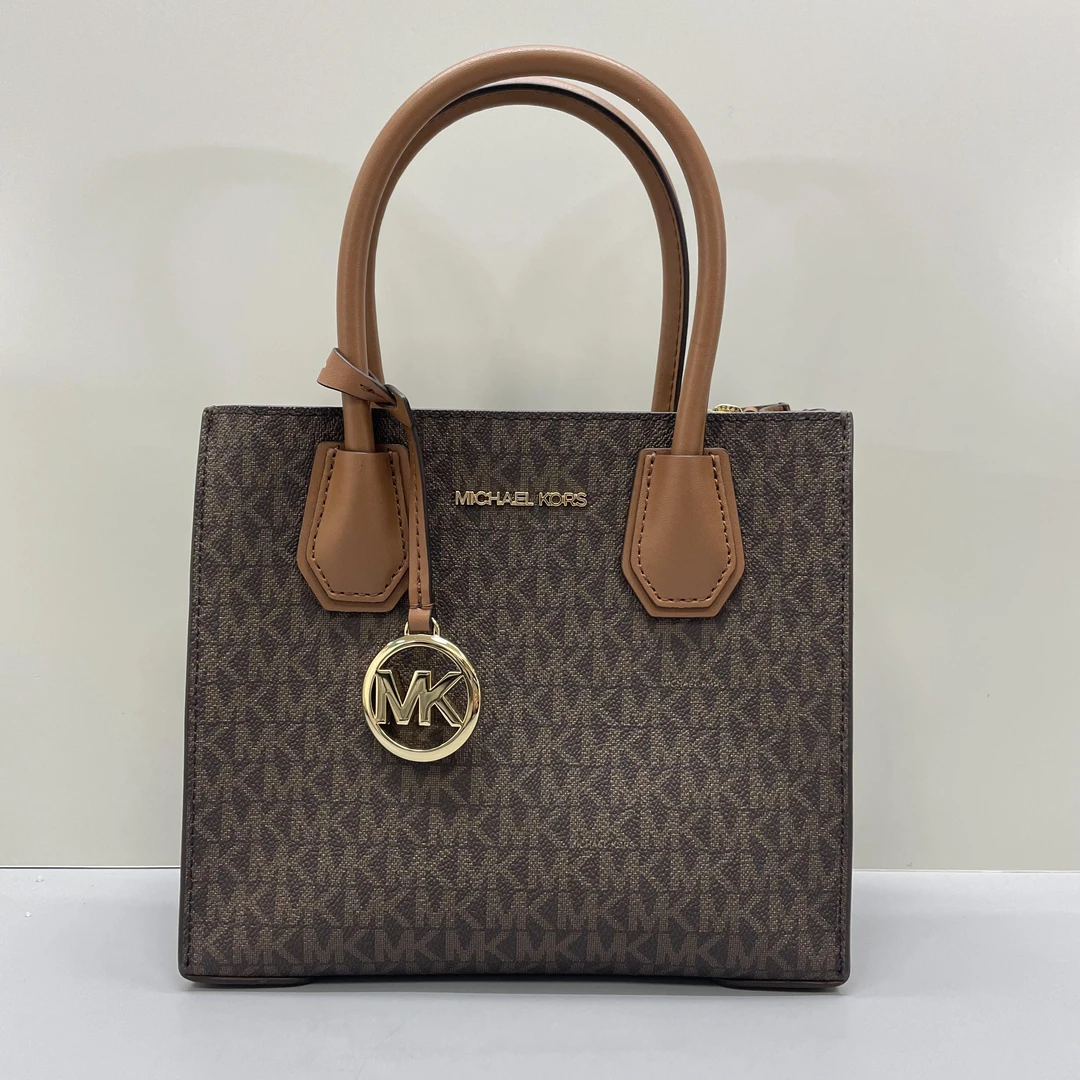 99新 MICHAELKORS/迈克高仕 小林/棕拼老花手提包22*19*10cm
