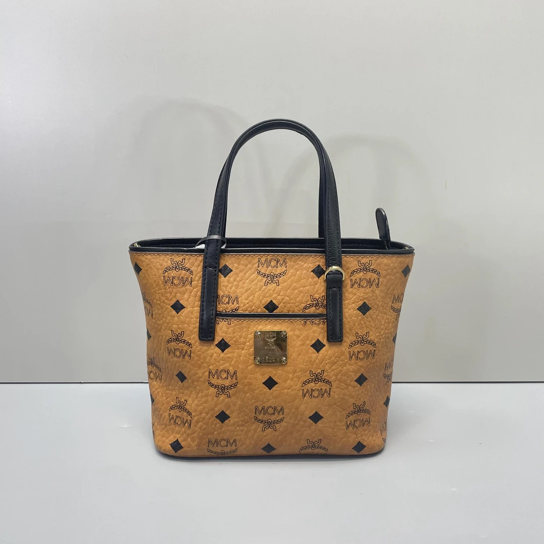 95新 MCM 媚姐/干邑色黑边菜篮子19*17*8cmF120308