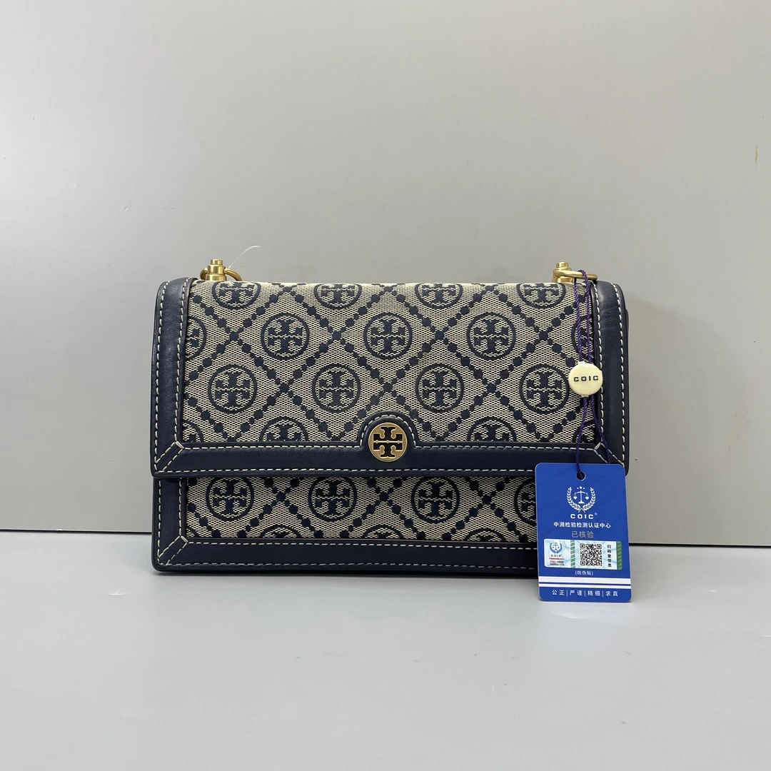 90新 TORY BURCH/汤丽柏琦 小林蓝色老花风琴包22*14*4cmSA103103