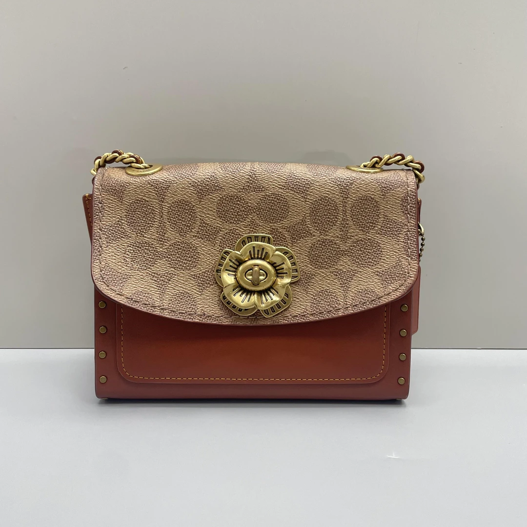 90新 COACH/蔻驰 parker18红棕老花山茶花18X14X8cmL071411