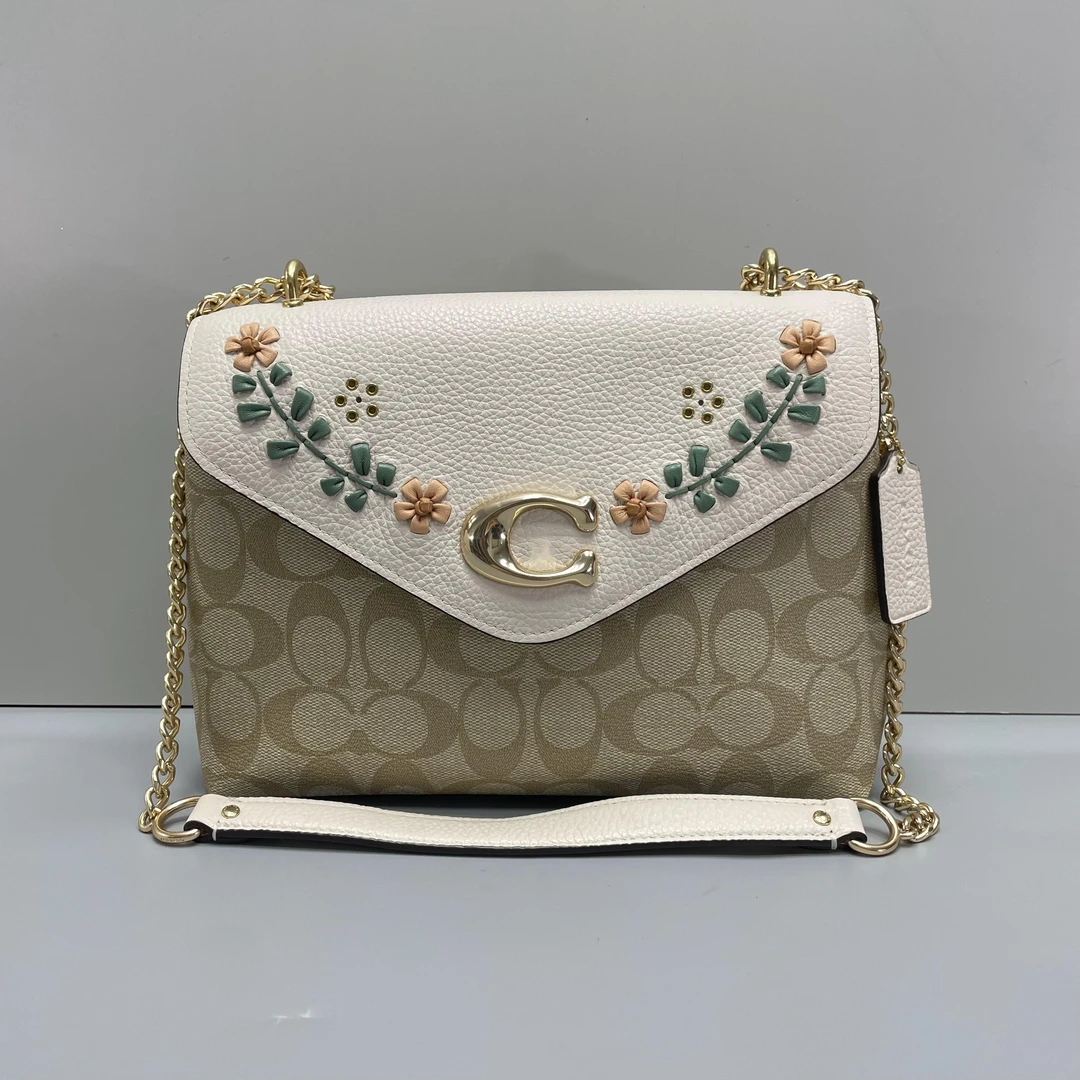 95新 COACH/蔻驰 白拼老花花朵链条斜挎包23X18X9cmL073003