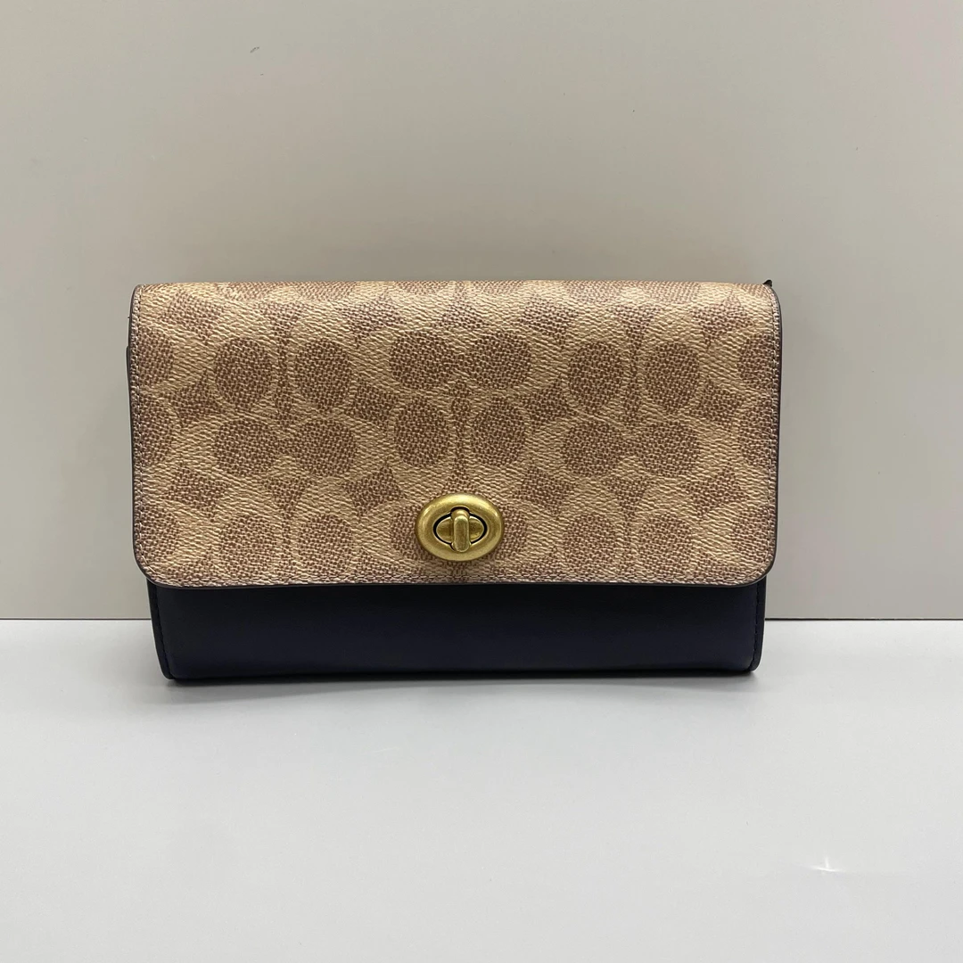 95新 COACH/蔻驰 红棕老花拼深蓝链条包19X13X2cmL062712