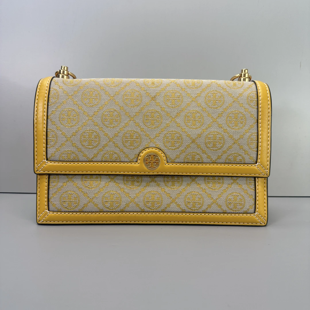 95新 TORY BURCH/汤丽柏琦 黄色白老花风琴包27*18*9cmSL120408