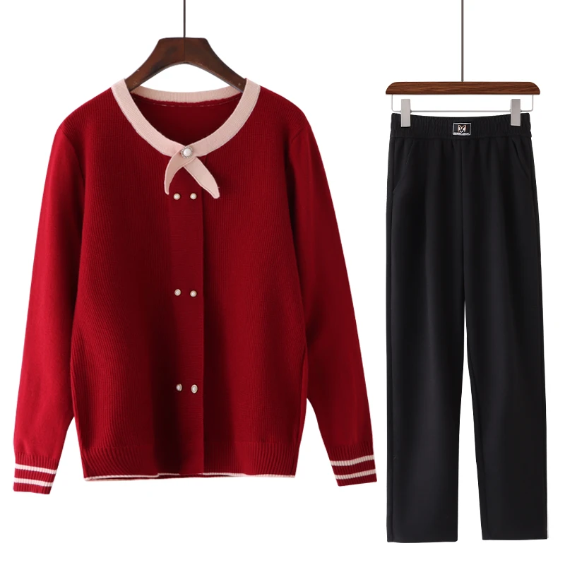 中老年女装秋冬新款长袖妈妈毛衣洋气针织衫50岁翻领打底小衫套装