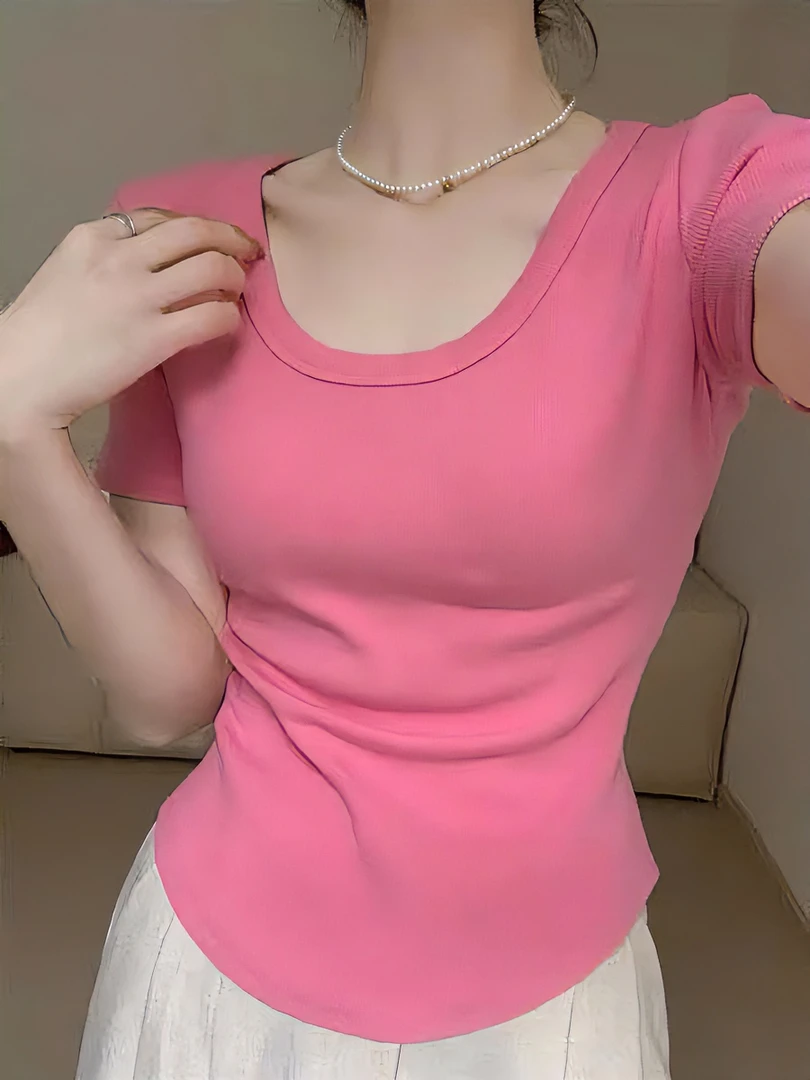 2024短袖t恤女圆领纯色上衣洋气修身显瘦U摆设计不规则感减龄百搭