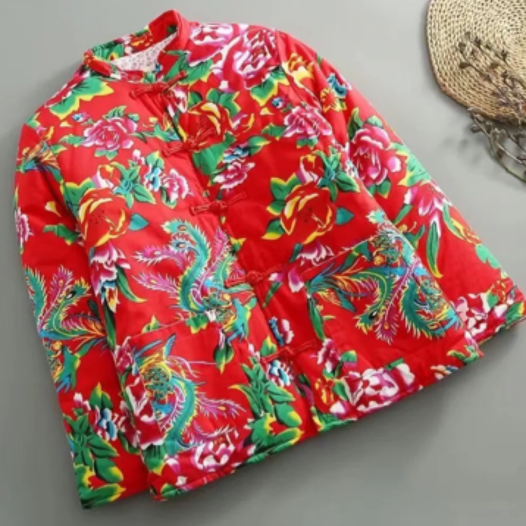 东北大花棉袄新中式对襟盘口棉衣