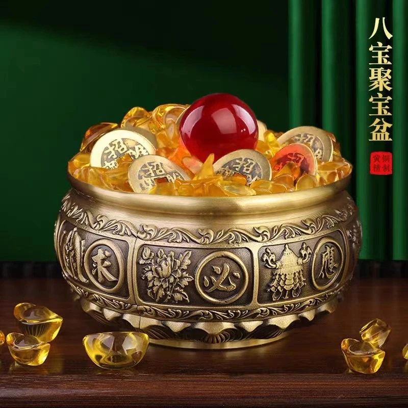 【君临阁】有求必应创意聚宝盆黄铜复古高端家居摆件办公室吉祥摆件