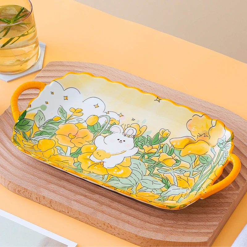 【花中兔】1只装12英寸鱼盘卡通可爱家用陶瓷餐具家用餐具釉下彩