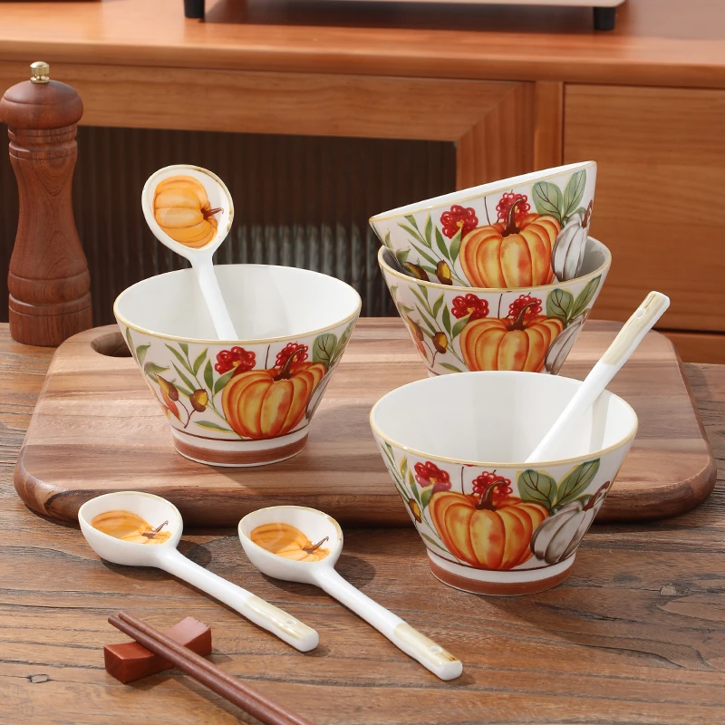 【南瓜花园】复古南瓜餐具斗笠碗勺子组合5英寸米饭碗陶瓷釉下彩