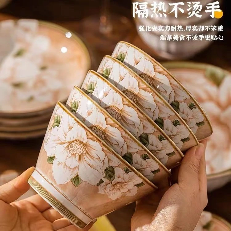【山茶花】复古轻奢5英寸斗笠碗饭碗陶瓷家用釉下彩网红高颜值