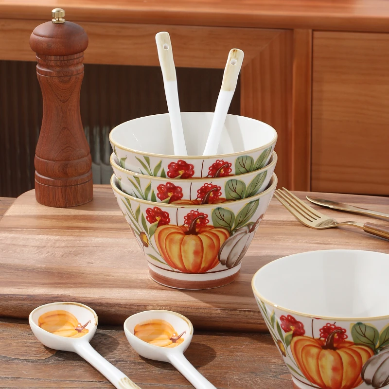 【南瓜花园T】复古南瓜餐具斗笠碗勺子组合5英寸米饭碗陶瓷釉下彩