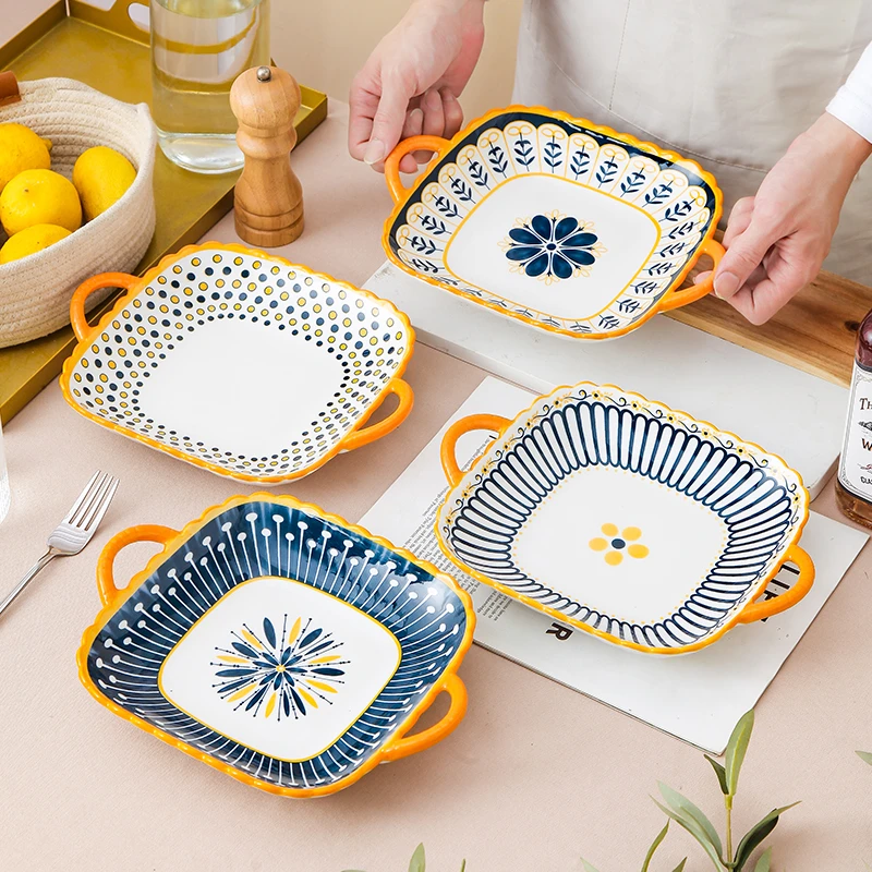 北欧双耳方盘2只混装简约家用陶瓷餐具9.25英寸菜盘盘子ins风网红