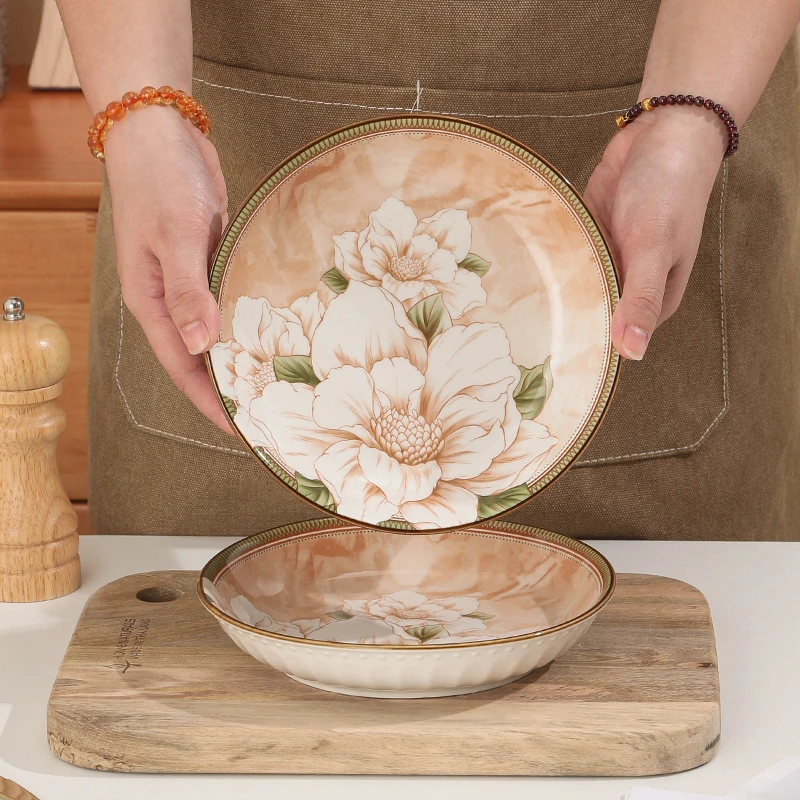 【山茶花7寸盘2个装】复古轻奢餐具圆盘家用高级防烫简约陶瓷实用