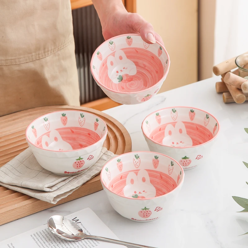 【草莓兔】4只5寸卡通可爱钻石碗米饭碗家用防烫陶瓷釉下彩少女心