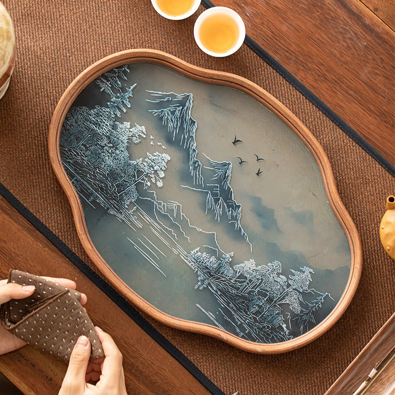 寒江雪原色海棠茶盘干泡台茶盘干泡盘家用创意竹制轻奢泡茶盘山水